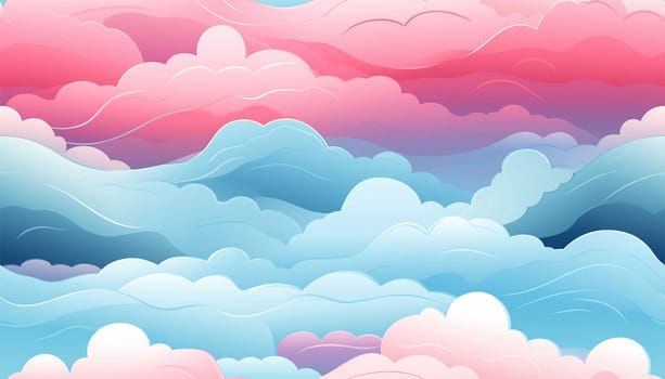 Cute colorful pastel clouds seamless pattern background. Rainbow unicorn background with clouds and stars. Pastel color sky. Magical landscape, abstract fabulous pattern. Cute candy wallpaper. Copy space