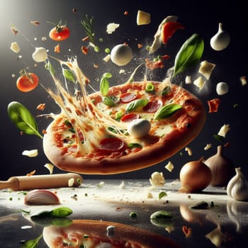 flying splashing mozzarella bufala italian pizza with tomato sauce and basil food photography generative ai art