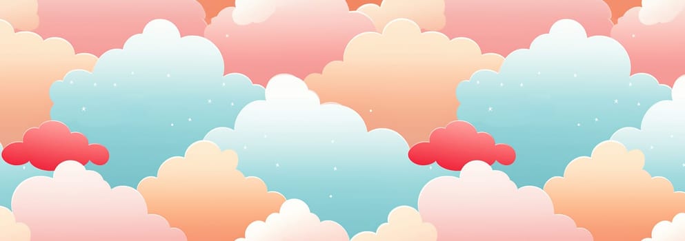 Banner Cute colorful pastel clouds seamless pattern background. Rainbow unicorn background with clouds and stars. Pastel color sky. Magical landscape, abstract fabulous pattern. Cute candy wallpaper. Copy space
