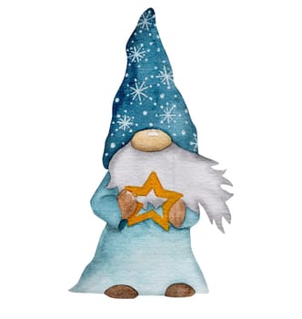 Watercolor Illustration Of A Christmas Gnome In Scandinavian Style, Holding A Star, Brings Festive New Year Cheer