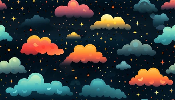 Cute night sky background with colorful clouds. dark blue seamless pattern with gold foil constellations, stars and clouds. Watercolor night sky background Dreamy design copy space