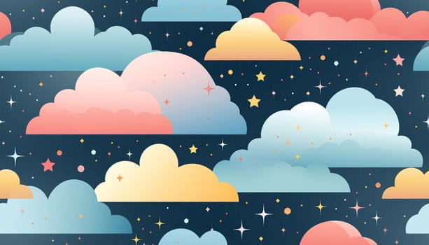 Cute night sky background with colorful clouds. dark blue seamless pattern with gold foil constellations, stars and clouds. Watercolor night sky background Dreamy design copy space