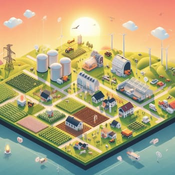 info graphic isometric depicting a set of clean energyy generation icons and situation for better future ai art