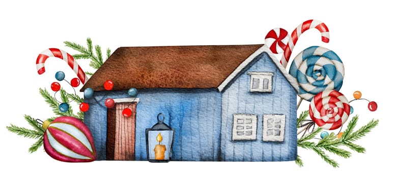 Watercolor Illustration Of Christmas Features A Cute Little House, New Year Decorations, Candies, And Fir Branches