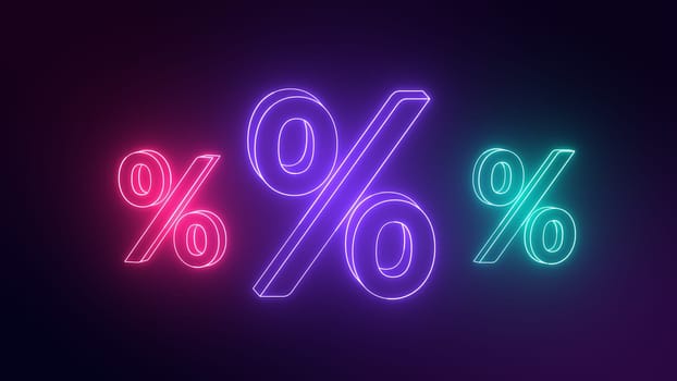 Three Neon percentage sign. Neon percentage sign. Online shopping, sale, discount price offer. 3D rendering.