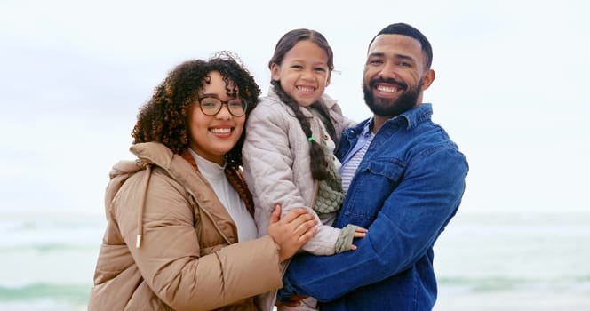 Happy family, portrait or relax by beach, nature or support love to care on calm holiday. Young man, woman and child with face for bonding, together and vacation in rio de janeiro for health wellness.