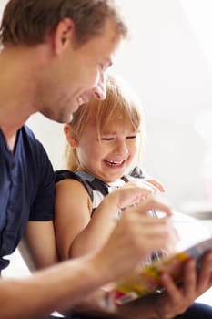 Family, father and daughter with homework for helping, bonding and learning for education in bedroom with smile. People, man or girl child with homeschooling, happiness and care on bed of house.