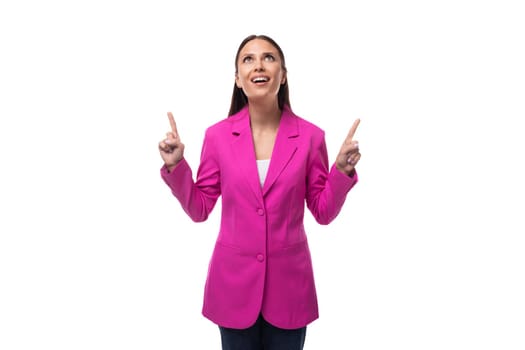 young brunette successful boss woman dressed in crimson jacket looks confident.