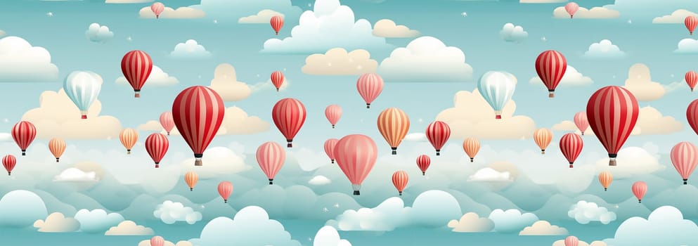 Cute pastel colored Boho seamless pattern with hot air balloons and clouds. Hand drawn balloon in the sky.Pastel neutral shades. Cute baby background. Funny decor for nursery, textiles, clothing, packaging, interior. Copy space