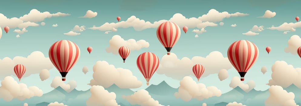 Cute pastel colored Boho seamless pattern with hot air balloons and clouds. Hand drawn balloon in the sky.Pastel neutral shades. Cute baby background. Funny decor for nursery, textiles, clothing, packaging, interior. Copy space