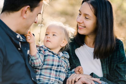 Smiling mom watches as a little girl touches her dad face with a blade of grass. Portrait. High quality photo