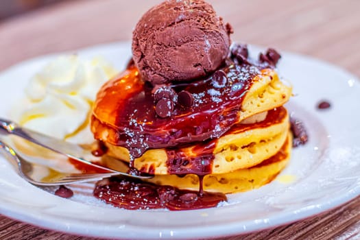 Decadent Delights: Indulging in Chocolate-Kahlua Pancakes with Espresso Mascarpone and Premium Chocolate Ice Cream