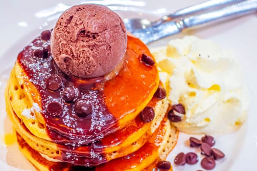 Decadent Delights: Indulging in Chocolate-Kahlua Pancakes with Espresso Mascarpone and Premium Chocolate Ice Cream