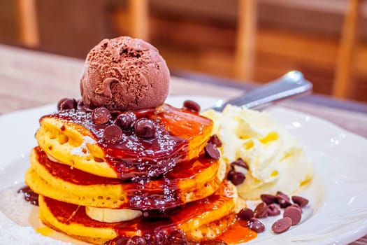 Decadent Delights: Indulging in Chocolate-Kahlua Pancakes with Espresso Mascarpone and Premium Chocolate Ice Cream