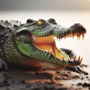 A huge crocodile basks in the sun. Generative AI. High quality illustration