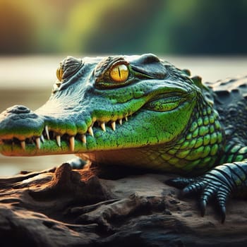 A huge crocodile basks in the sun. Generative AI. High quality illustration