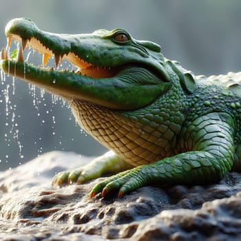 A huge crocodile basks in the sun. Generative AI. High quality illustration