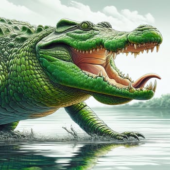 A huge crocodile basks in the sun. Generative AI. High quality illustration