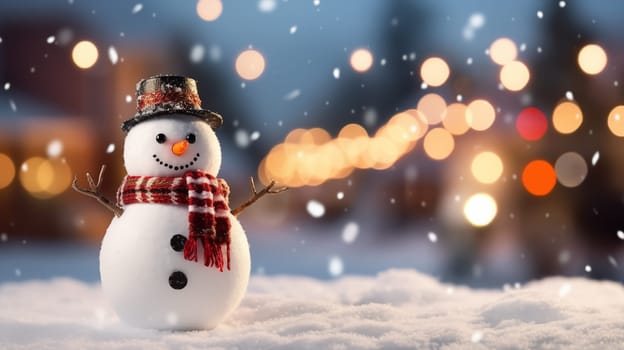 Cute Snowman Wearing Hat And Red Scarf In Winter Snow Falling, Christmas Lightening On Background. Copy Space For Text. Illustration. New Year Magic Concept. Postcard Or Mockup. Ai Generated Image.