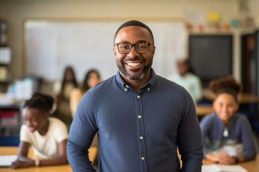 Black history month. smiling African American man wearing glasses teaching in classroom. AI Generated
