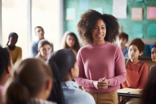 Black history month. smiling African American woman teaching in classroom. AI Generated