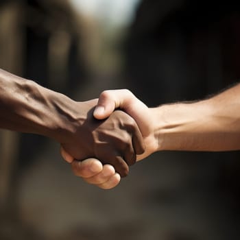 Black history month. Closeup of two arms different race skin colors multinational friends shaking hands. AI Generated
