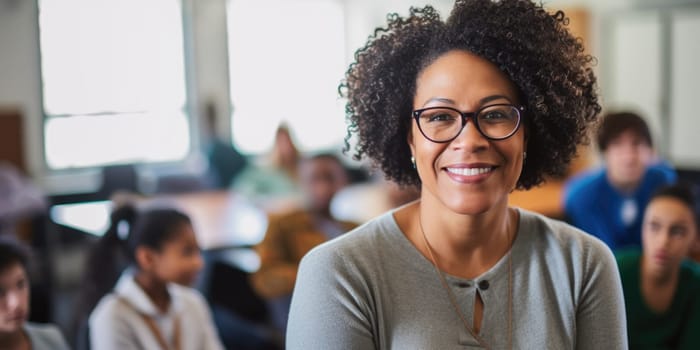 Black history month. smiling African American woman teaching in classroom. AI Generated