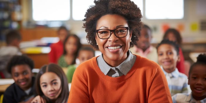 Black history month. smiling African American woman teaching in classroom. AI Generated