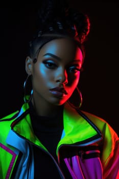 Black history month. portrait of young african american woman in neon light. AI Generated