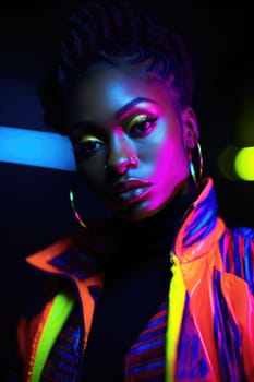 Black history month. portrait of young african american woman in neon light. AI Generated