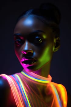 Black history month. portrait of young african american woman in neon light. AI Generated