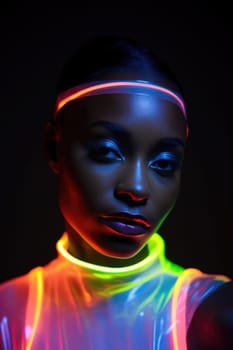 Black history month. portrait of young african american woman in neon light. AI Generated