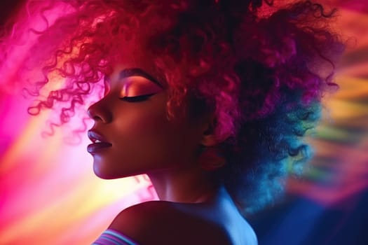 Black history month. portrait of young african american woman in neon light. AI Generated