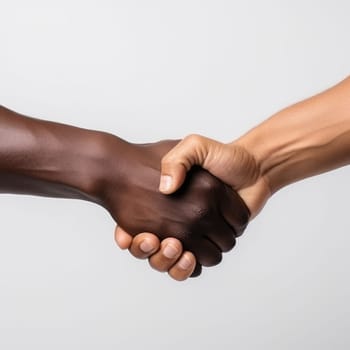 Black history month. Closeup of two arms different race skin colors multinational friends shaking hands. AI Generated