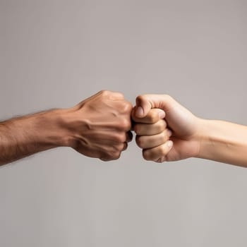 Black history month. Closeup of two arms different race skin colors multinational friends giving fist bump. AI Generated