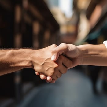 Black history month. Closeup of two arms different race skin colors multinational friends shaking hands. AI Generated