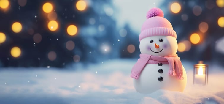 Banner Adorable Snowman Wearing Pink Hat And Scarf In Winter Snow Falling. Candle inside of White Lantern. Christmas or New Year Evening. Copy Space For Text. Postcard Or Mockup. AI Generated.