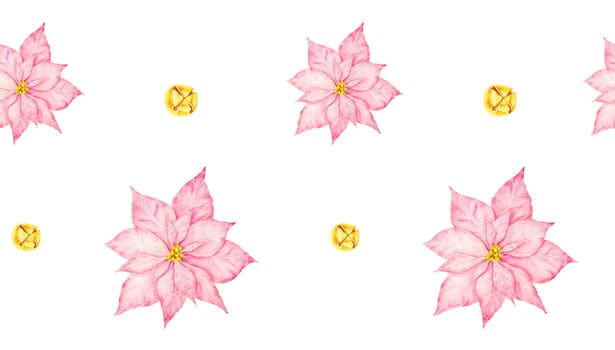 Pink poinsettia and gold bells. Watercolor hand drawn seamless border with Christmas sweets. Winter symbols for holiday season prints, background, packing paper, textile, fabric
