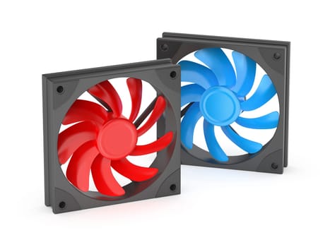 Red and blue computer case fans on white background