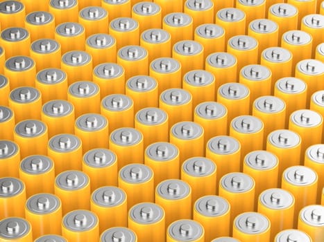 Many rows with yellow AA size batteries