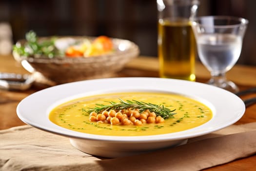 Chickpea soup, traditional Italian winter dish, in Umbria. A warm and nourishing soup made with chickpeas and flavors such as rosemary and garlic. on a white plate in a elegant restaurant decorated for Christmas time. Healthy vegetarian food