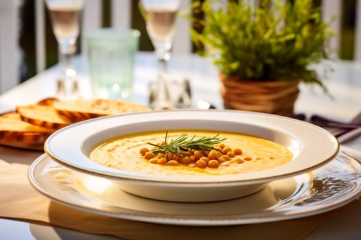 Chickpea soup, traditional Italian winter dish, in Umbria. A warm and nourishing soup made with chickpeas and flavors such as rosemary and garlic. on a white plate in a elegant restaurant decorated for Christmas time. Healthy vegetarian food