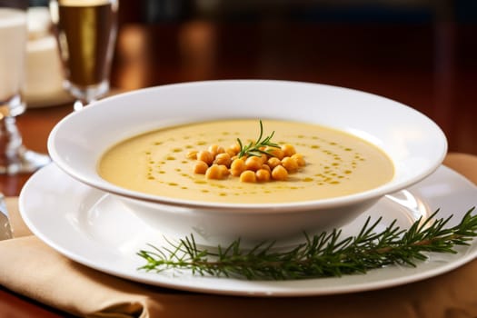 Chickpea soup, traditional Italian winter dish, in Umbria. A warm and nourishing soup made with chickpeas and flavors such as rosemary and garlic. on a white plate in a elegant restaurant decorated for Christmas time. Healthy vegetarian food