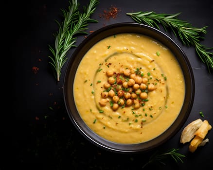 Top view of Chickpea soup, traditional Italian winter dish, in Umbria. A warm and nourishing soup made with chickpeas and flavors such as rosemary and garlic. on a white plate in a elegant restaurant decorated for Christmas time. Healthy vegetarian food.