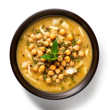 Top view of Chickpea soup, traditional Italian winter dish, in Umbria. A warm and nourishing soup made with chickpeas and flavors such as rosemary and garlic. on a white plate in a elegant restaurant decorated for Christmas time. Healthy vegetarian food.