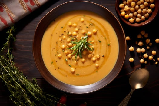 Top view of Chickpea soup, traditional Italian winter dish, in Umbria. A warm and nourishing soup made with chickpeas and flavors such as rosemary and garlic. on a white plate in a elegant restaurant decorated for Christmas time. Healthy vegetarian food.
