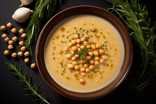 Top view of Chickpea soup, traditional Italian winter dish, in Umbria. A warm and nourishing soup made with chickpeas and flavors such as rosemary and garlic. on a white plate in a elegant restaurant decorated for Christmas time. Healthy vegetarian food.