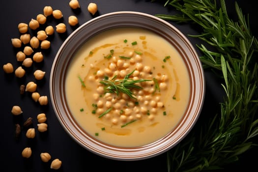 Top view of Chickpea soup, traditional Italian winter dish, in Umbria. A warm and nourishing soup made with chickpeas and flavors such as rosemary and garlic. on a white plate in a elegant restaurant decorated for Christmas time. Healthy vegetarian food.