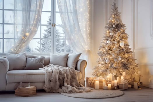 Bright room decorated for Christmas or New Year with a Christmas tree, a sofa with a soft, draped blanket, an illuminated window, and light curtains creating a warm festive atmosphere.