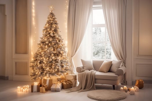 Bright room decorated for Christmas or New Year with a Christmas tree, a sofa with a soft, draped blanket, an illuminated window, and light curtains creating a warm festive atmosphere.